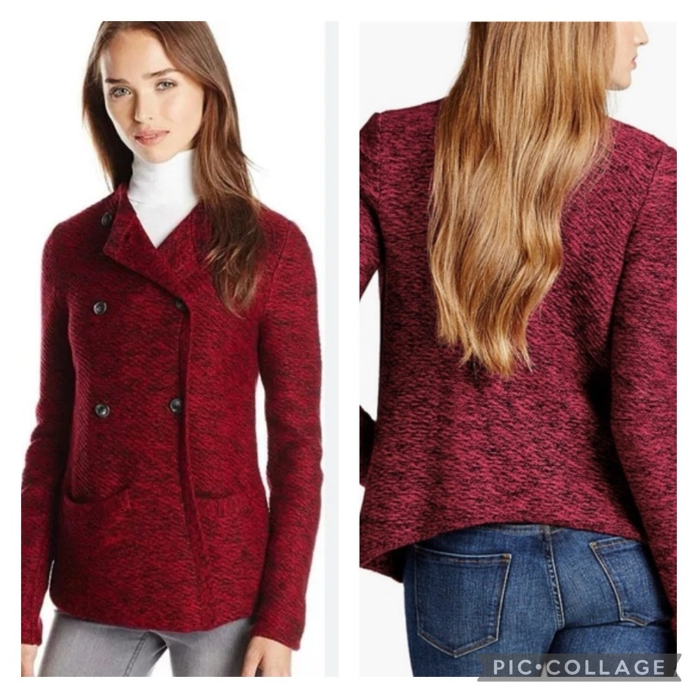 NWT Lucky Brand Marled Burgundy Maroon Double Breasted Sweater Jacket